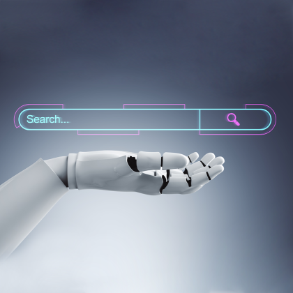 ręka robota a nad nią element wyszukiwarki