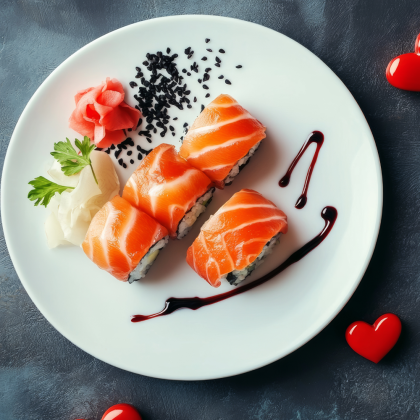 Talerz z kawałkami sushi i serduszkami