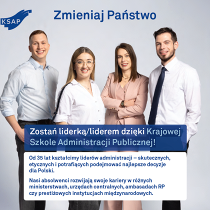 Młodzi ludzie stojąxcy w grupie i napis  zosyań liderką/liderem KSAP