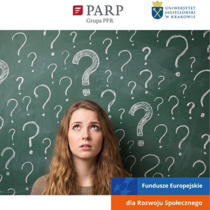 Grafika webinaru przedstawiająca kobietę na tle ze znaków zapytania