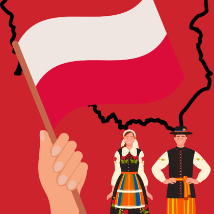 grafoka eventu - para ludzi w strojach lidowych z flagą Polski 